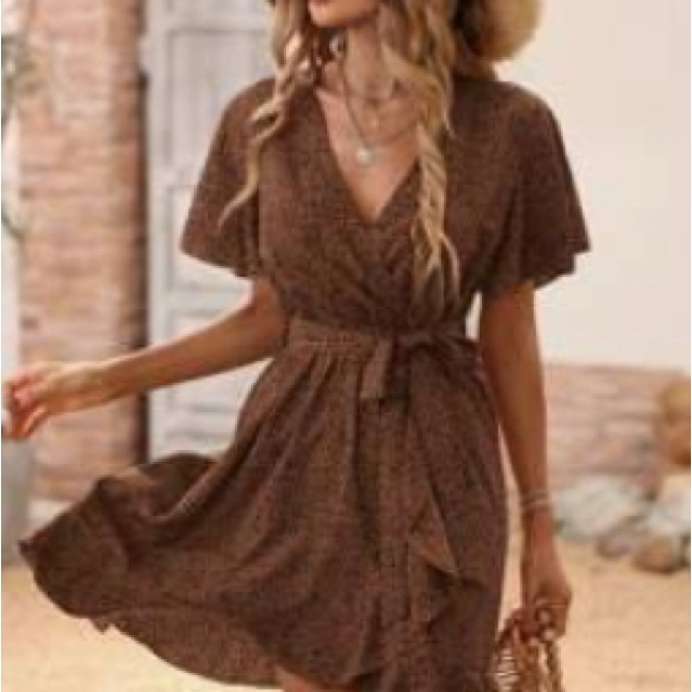 SHEIN Brown Polka Dot Midi Dress